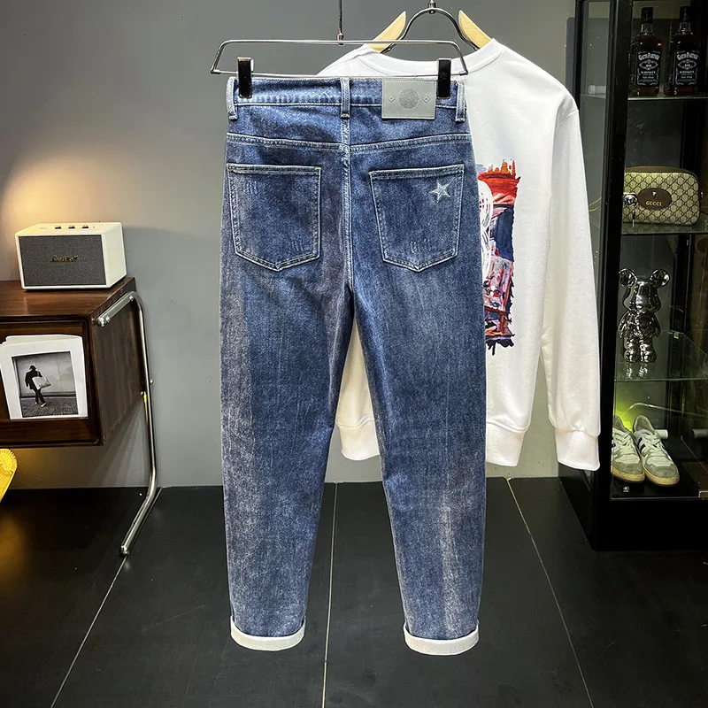 Blue jeans for men 2024 New elastic slim straight high-end fashion brand embroidery taped pants autumn denim men's clothing