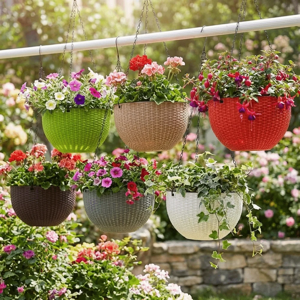 Plastic Imitation Rattan Hanging Pot European Style Stackable Plant Hanging Basket with Chain Self Absorbing Water