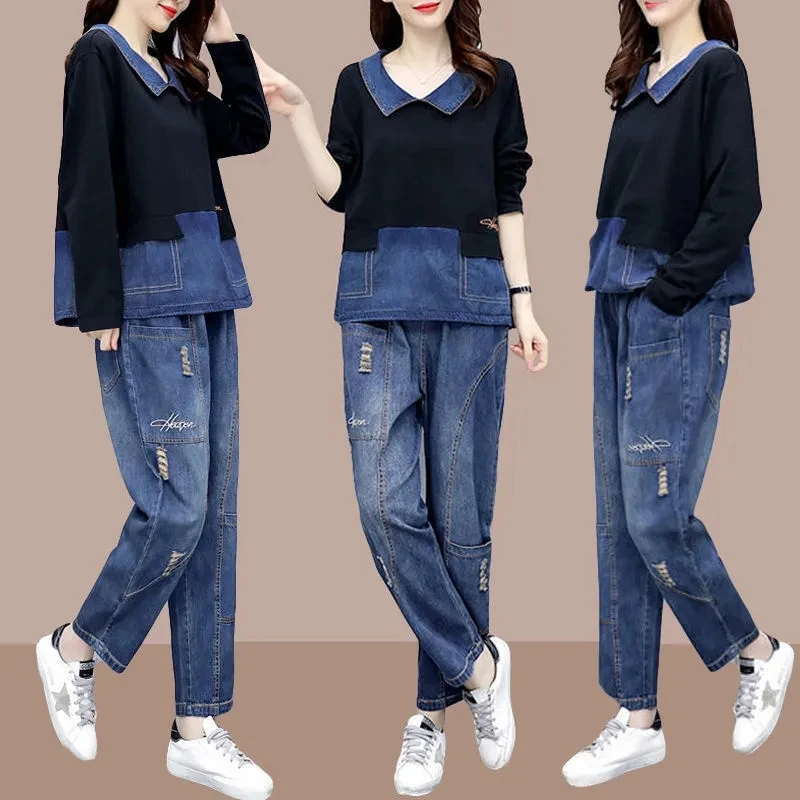 

Large Size Women Spring Cowboy Suit 2023 Female Casual Sportswear Korean Denim Set Loose Pants Two-Piece Women Outfit 4XL