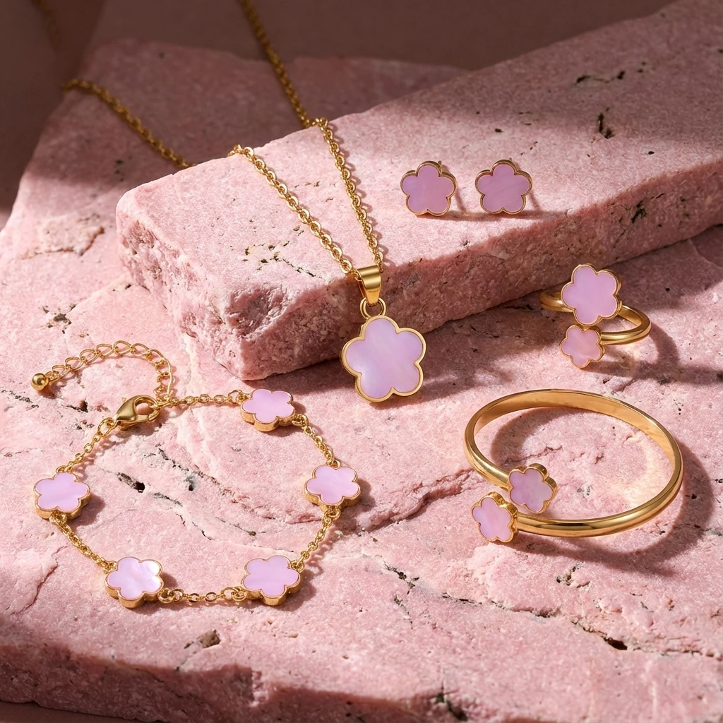 Süßes Sakura-Kirschblüten-Schmuckset für Damen, Trendiges Goldfarbenes Blumenketten-Set mit Ohrringen, Armband und Ring, Ästhetisches Schmuckgeschenk – Detail 4