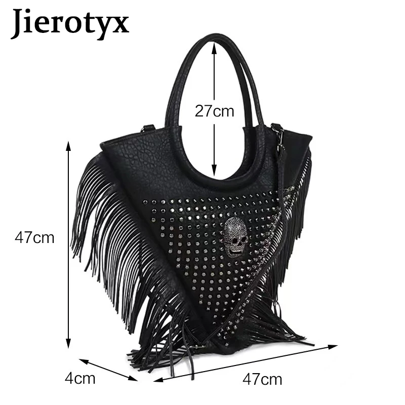 JIEROTYX Women Black Tassel Bags Classic PU Leather Shoulder Bags Gothic Rivets Skull Large Handbags Purse Shoulder Tote