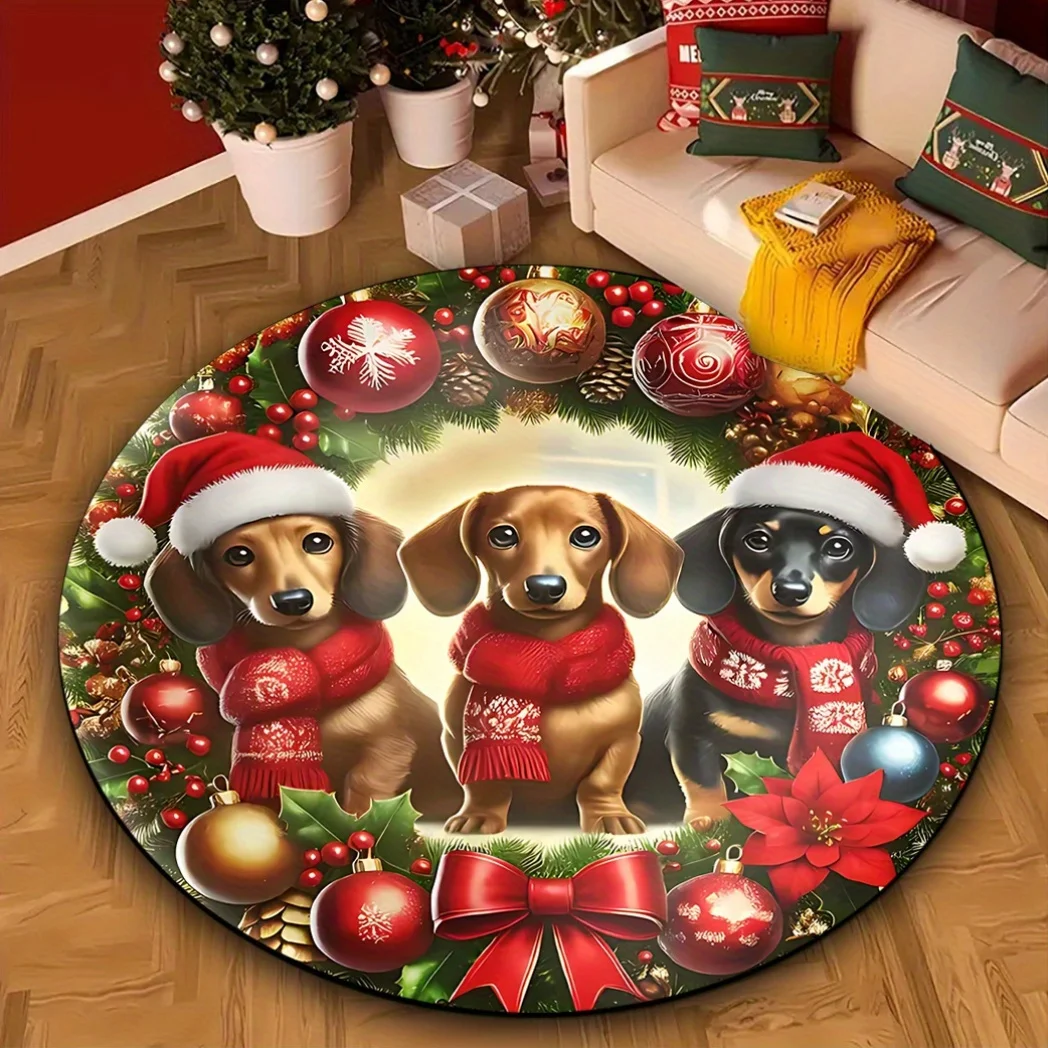 

Crystal velvet carpet[ Weight Crystal Velvet]1pc Christmas Dachshund Pattern Area Rug, Christmas Decoration, Round Non