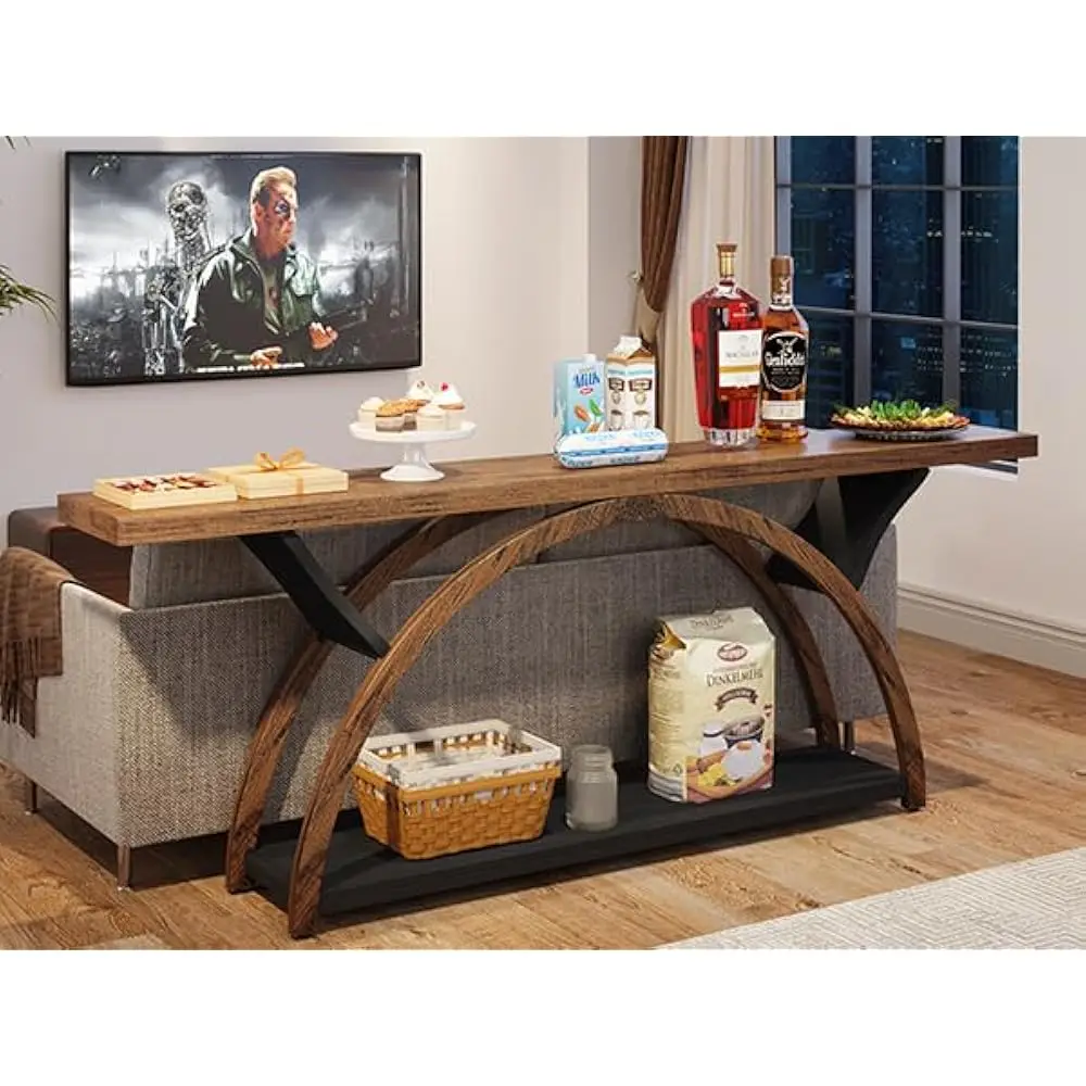 70.87"" Console Tables For Entryway, Narrow Long Entryway Table With Storage Shelf, 2-Tier Rustic Sofa Table With Half Moon