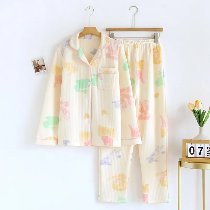 

Fresh Sweet winter Thicken pajamas sets women keep warm 100% scuba cotton Quilted long-sleeved animated cute sleepwear
