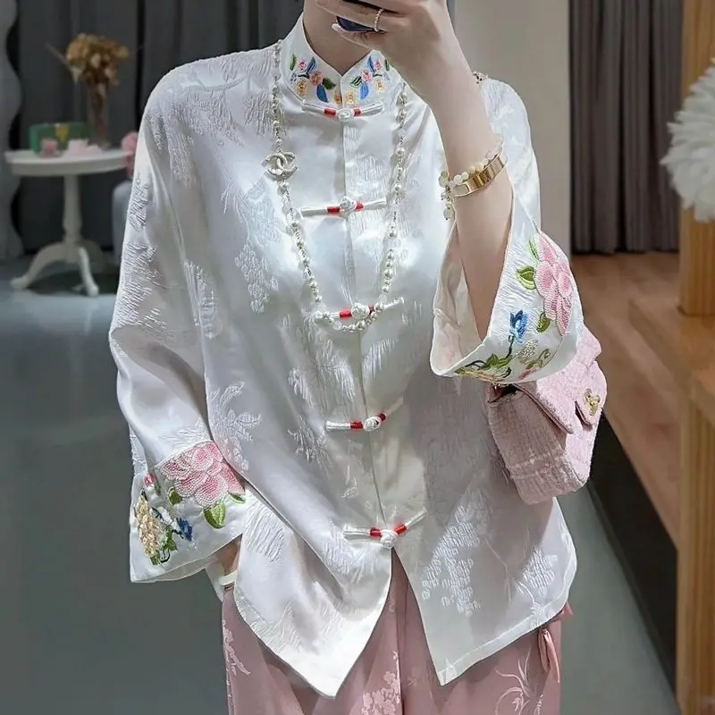 2024 New Spring and Autumn Chinoiserie Style Stand Collar Stereo relief jacquard embroidery Jacquard Long Sleeve Cheongsam Top