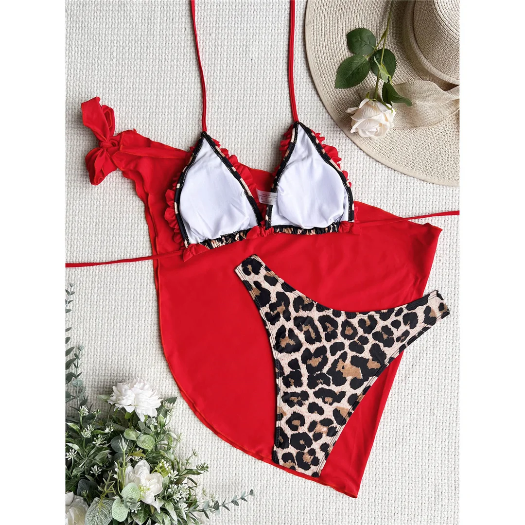 Mit Sarong Leopard Rüschen-Bikini, Damen-Badeanzug, dreiteiliges Bikini-Set, Damen-Badebekleidung, Badeanzug, Badebekleidung, Schwimmbekleidung V3995 – Detail 18