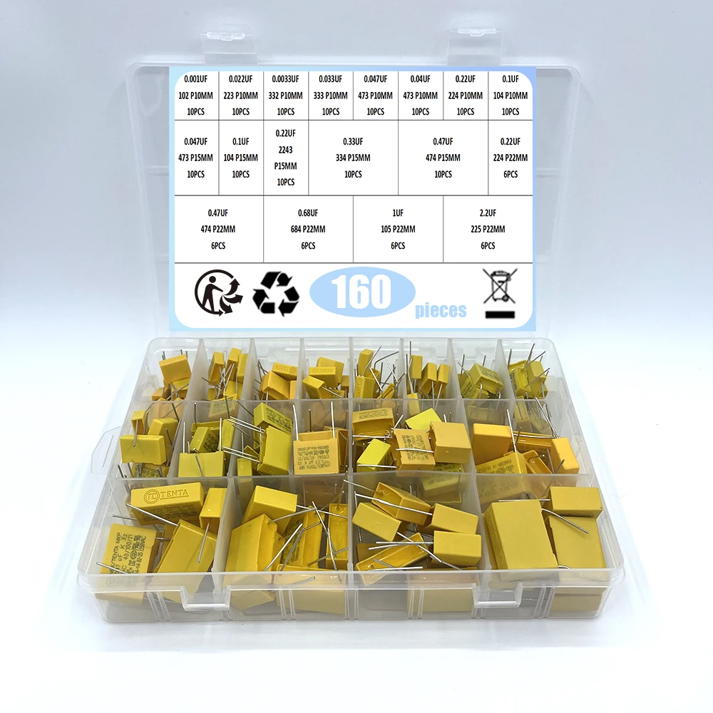 160PCS 18Values X2 Safety Capacitor 275VAC 102K-225K 1NF~2.2UF Assorted Kit