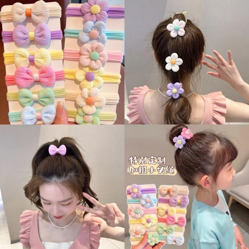 6Pcs/Set Kids Headbands Flower Hair Rope Elastic Children Ponytail Hair Ring Sweet Cute Little Girls Towel Ring Hair Accessories