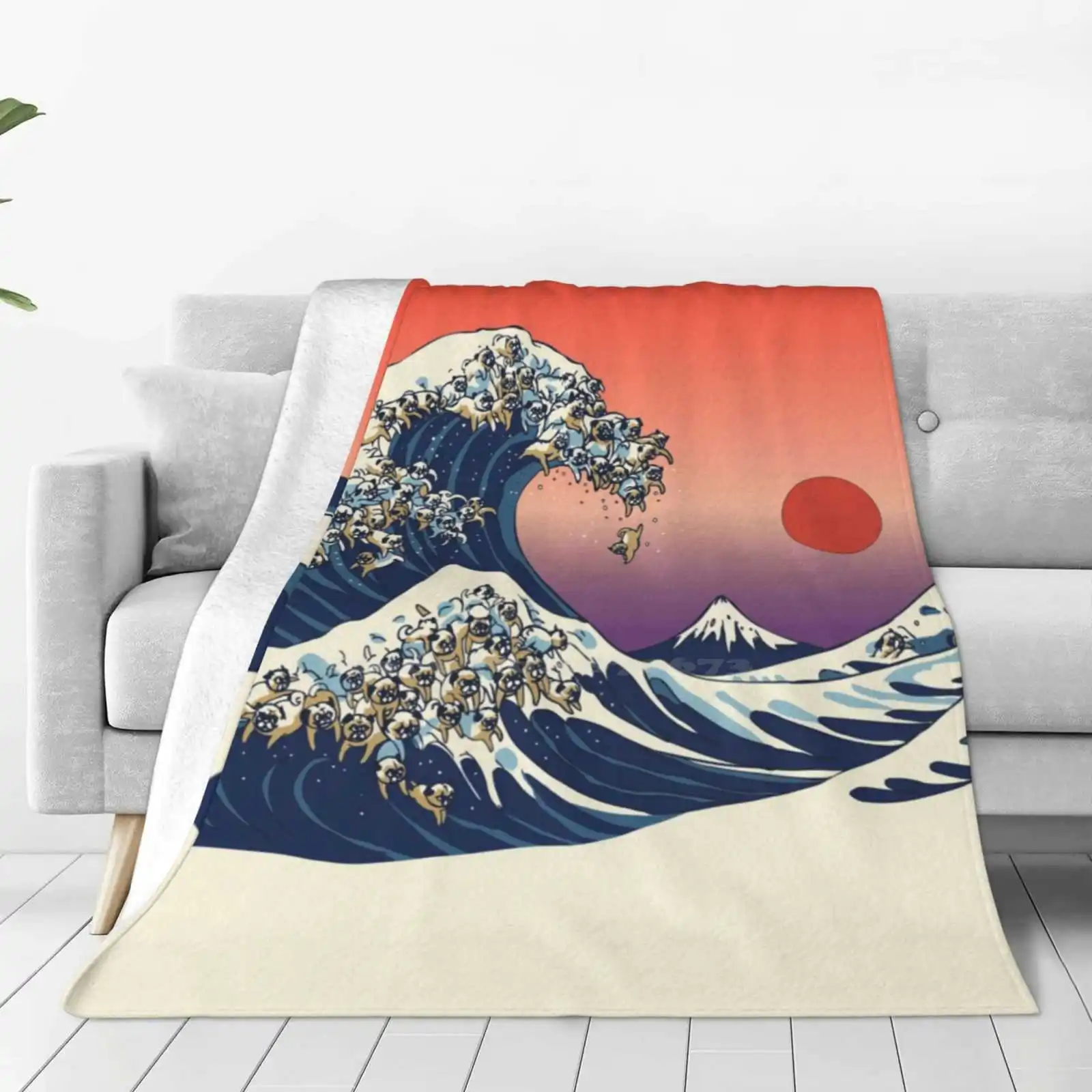 The Great Wave Of Pug For Home Sofa Bed Camping Car Plane Travel Portable Blanket Puglife Wave Ocean Japan Dog Summer