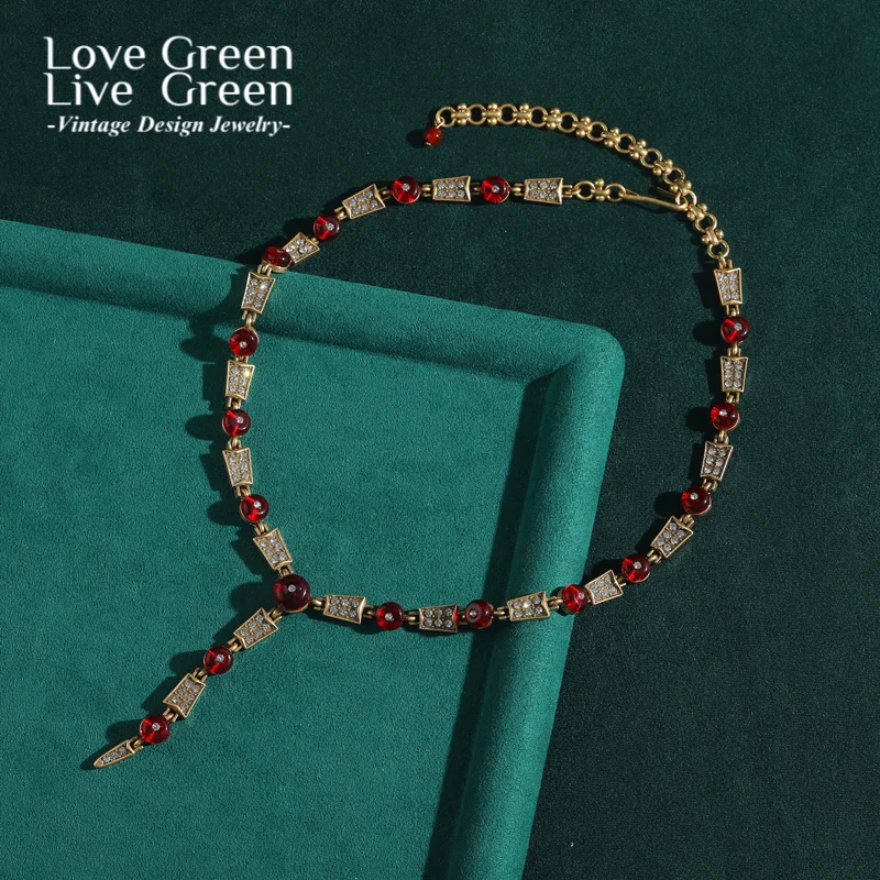 

Vintage Snake Chain Red Glaze Necklace Antique Gold Color Rhinestone Jewelry Luxury Quality Designer Trendy Thanksgiving 2025