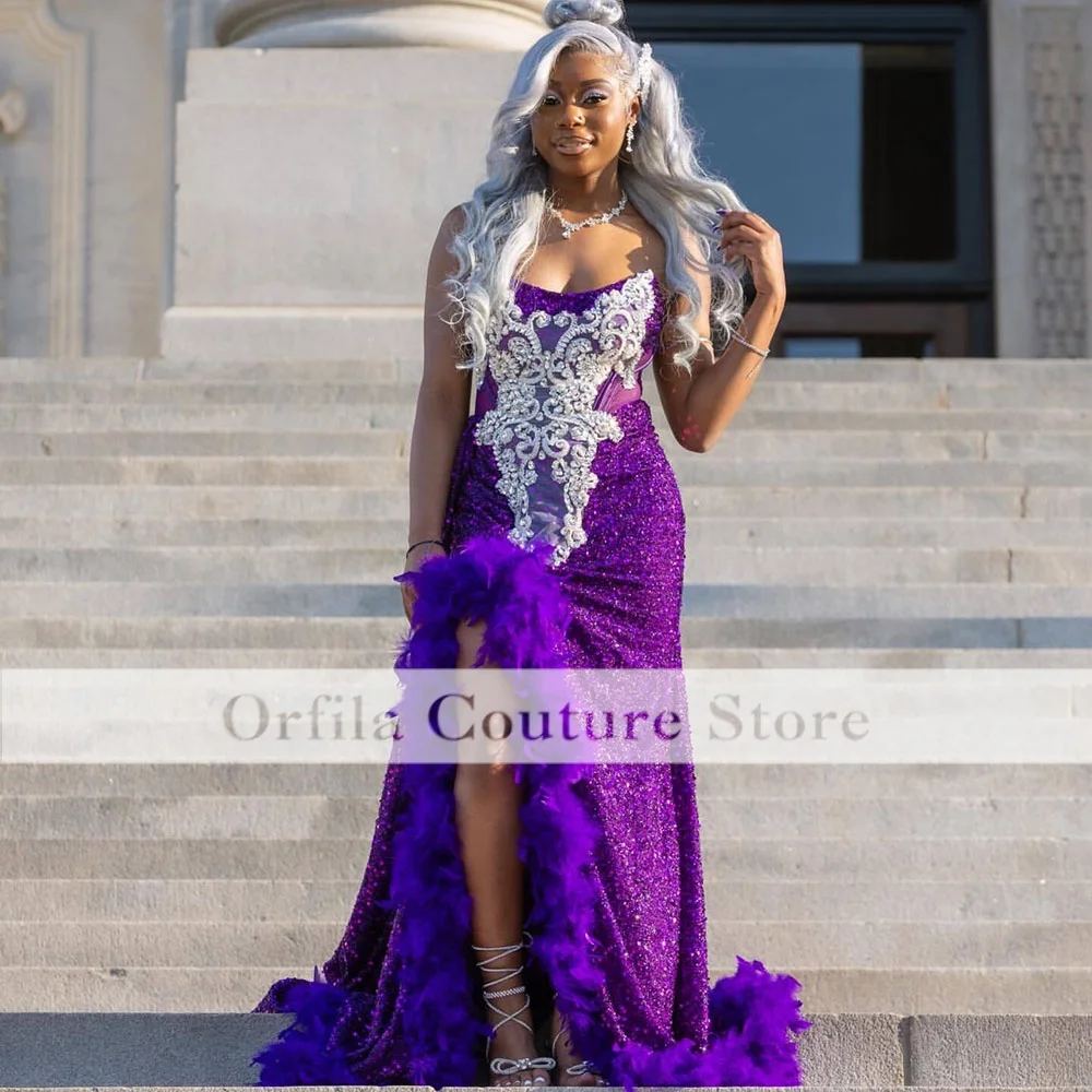 Purple Prom Dress With Feathers Sexy Sit Crystal Beading Black Girls Matric Farewell Dresses 2026 vestidos de Gala Customiz