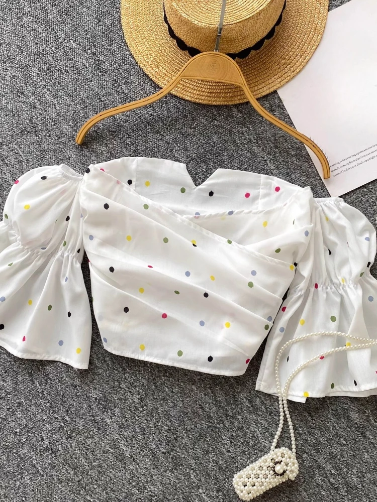 

Sexy Spice Girls Blouses Slash Neck Flare Sleeve Off Shoulder Polka Dot Crop Tops Pleated Shirts Summer Design Women's Clothing