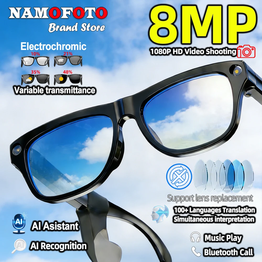 

Electrochromic Ai Smart Glasses 8MP HD Camera 1080P Video Record 100+ Languages Translation BT Call Music Sunglasses Men Women