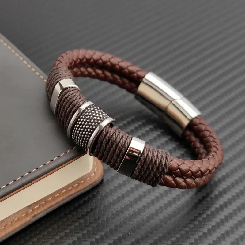 Luxury Vintage Multilayer Brown PU Leather Men Bracelet Bracelets Stainless Steel Jewelry Male Wrist Bangle Gift