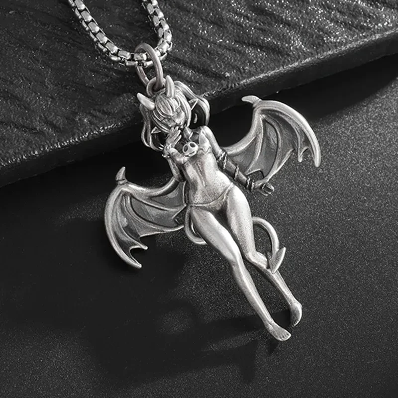 Gothic Punk Sexy Devil Bat Girl Goddess Pendant Necklace for Men and Women Hip Hop Trendy Halloween Cosplay Party Jewelry