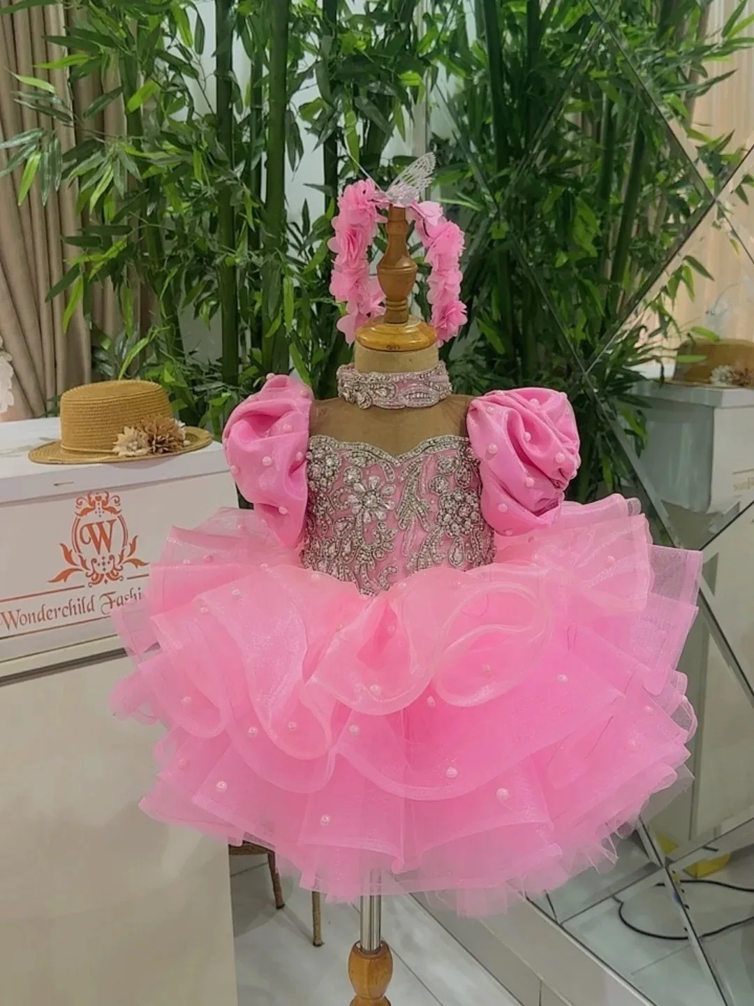 Pink Puffy Sleeves Flower Girl Dress For Wedding Bow Pearls Knee Length Girl Birthday Party First Holy Communion Gown Customized