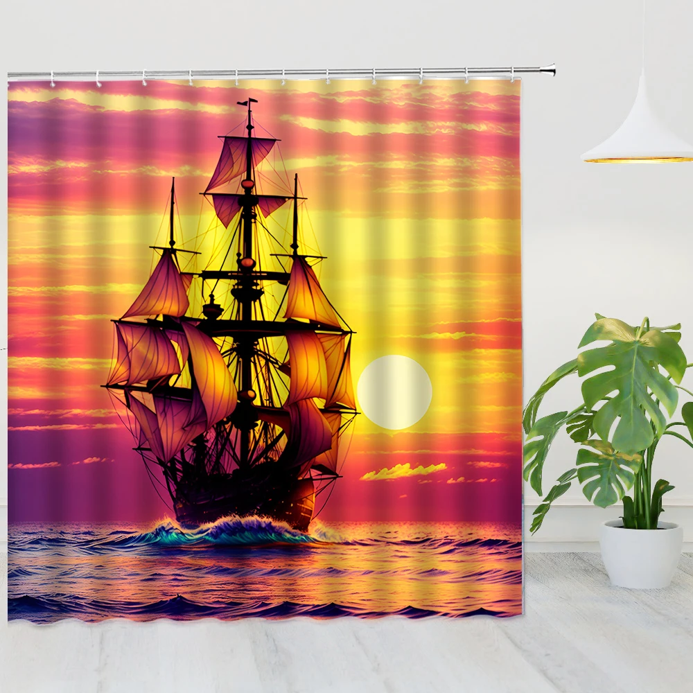 

Nautical Sailboat Shower Curtain Fabric Vintage Ship Sailing Ocean Sea Waves Gold Sunset Scenery Bath Curtains Bathroom Screen