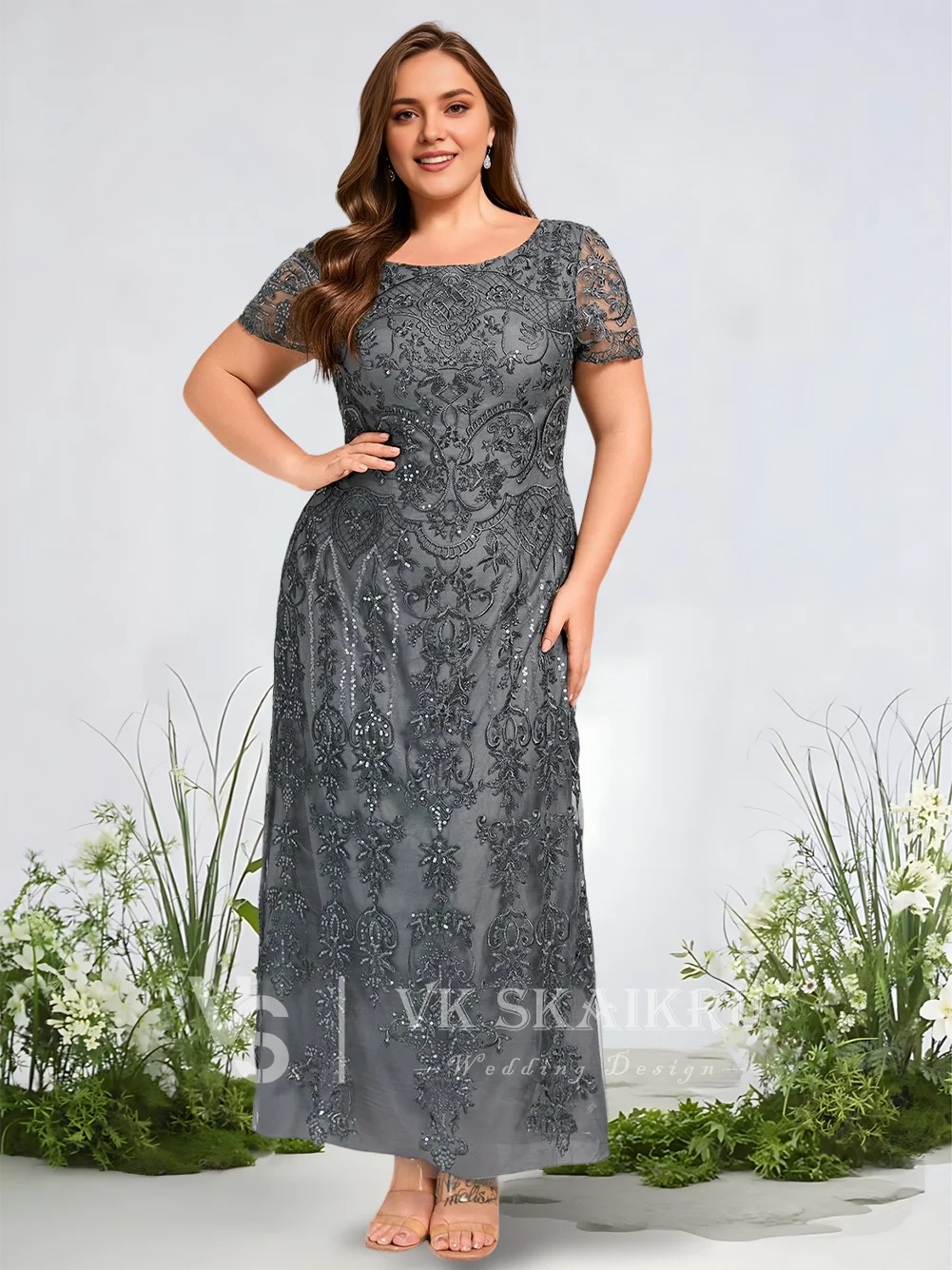 

B Women Elegant Steel Grey A-Line Evening Dress Boat Neck Ankle-Length Lace Gown With Sequin Formal Prom Wedding Party Attire