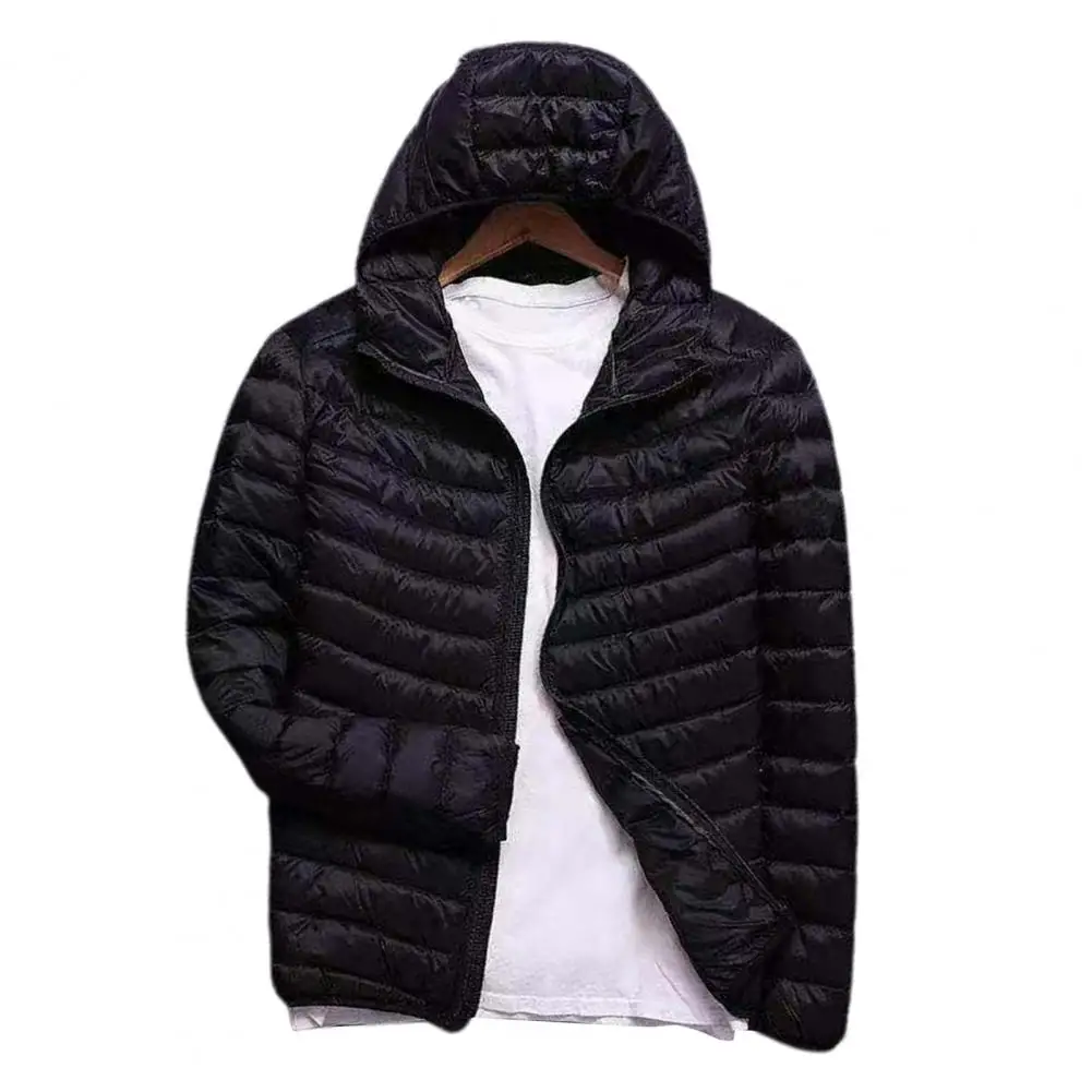 Plus Size Winter Men Down Coat Ultra Lightweight Hood Solid Color Thin Cotton Padded Zipper Jacket Streetwear