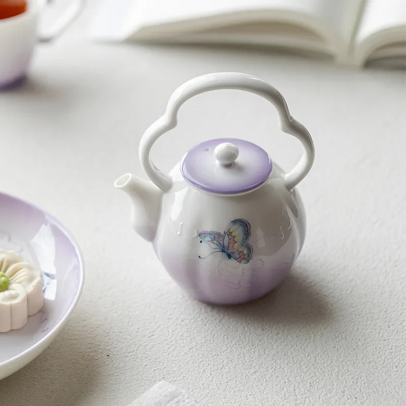 150ML Gradual Change Purple Hand-painted Butterfly Ceramic Beam Pot Ball Hole Filter Anti-scalding Hand Holding Pot Ruyi Tea Pot