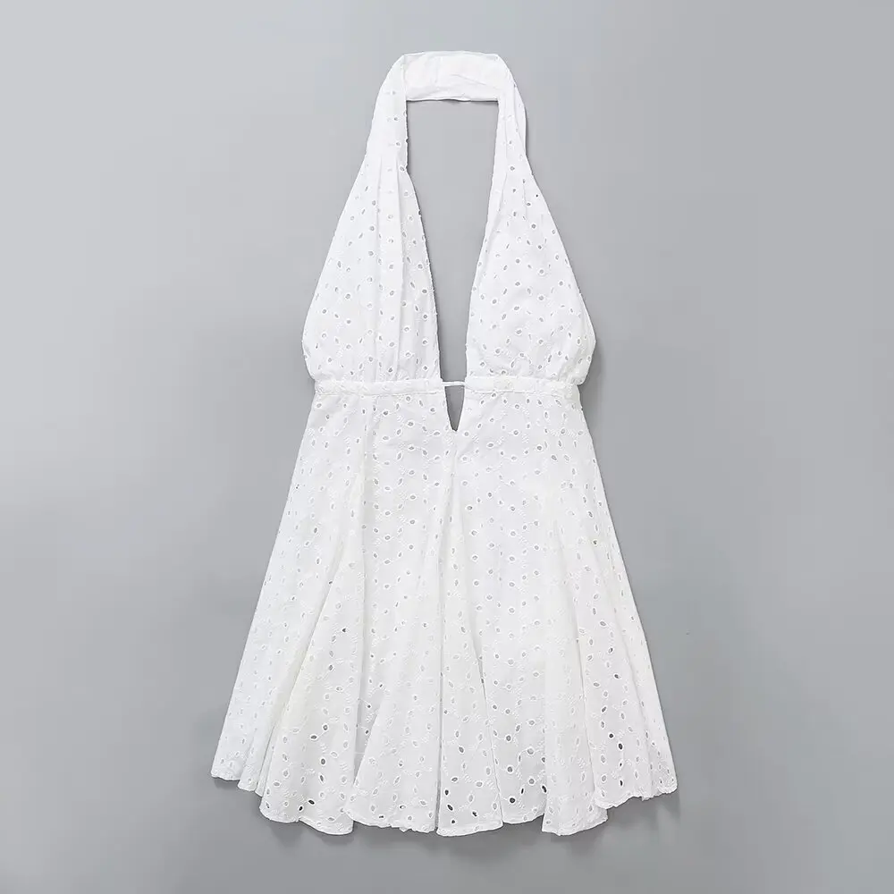 Women's Summer New Fashion Hollow out Embroidered Hanging Neck Mini Dress Retro Open Back Lace up Women's Dress Mujer