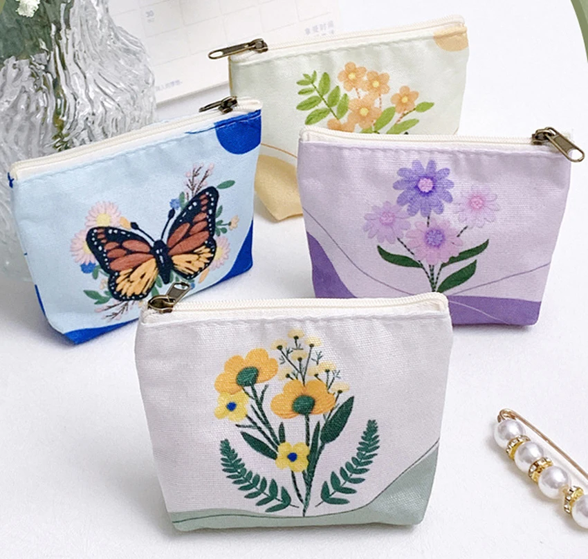 

DHL200pcs Canvas Green Leaf Printing Square Coin Purses