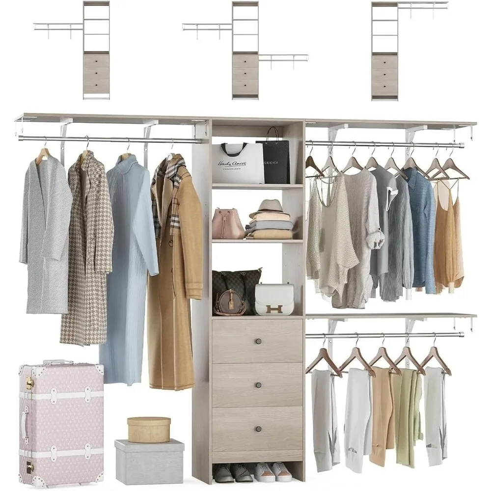 

96.1" Closet Organizer, Wardrobe Rack with Adjustable Garment Rack 6-9 ft Spaces, Wood Closet Systems with 3 Drawers, High Capac
