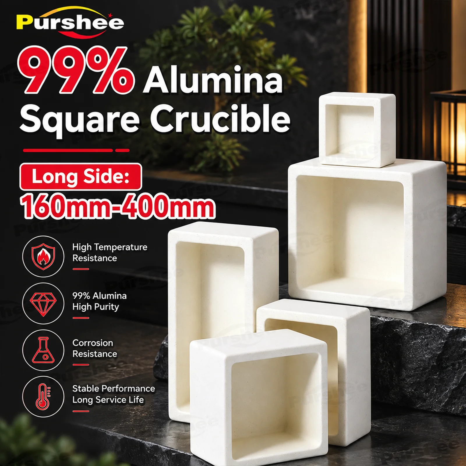Large Size 99% Alumina Square Crucible No Cover 160‑400mm Ceramic Crucible Corrosion Resistant for Lab Furnace Sintering
