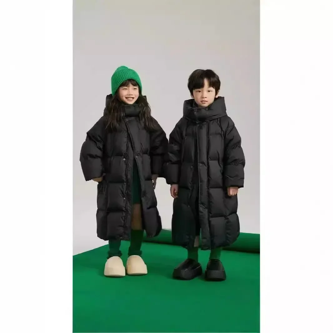 Girls Boys Long Down Padded Jacket Hooded Medium Children Korean Version Foreign Style Solid Color Casual Padded Jacket Baby