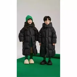 Girls Boys Long Down Padded Jacket Hooded Medium Children Korean Version Foreign Style Solid Color Casual Padded Jacket Baby