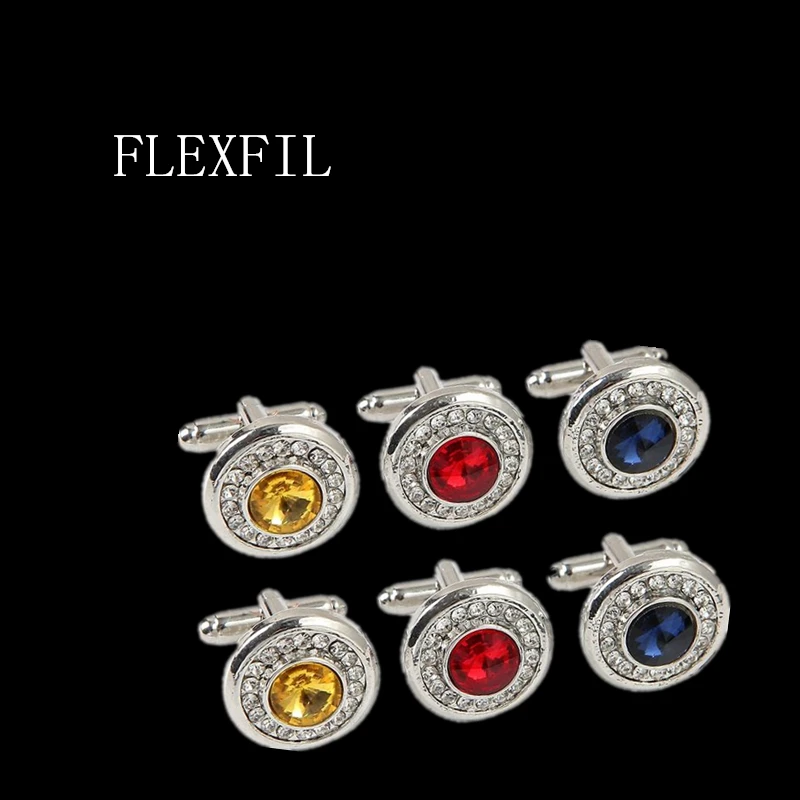 FLEXFIL Round Jewelry French Shirt Fashion Cufflinks for Men's Cuff links Buttons gemelos wedding abotoaduras crystal Jewelry