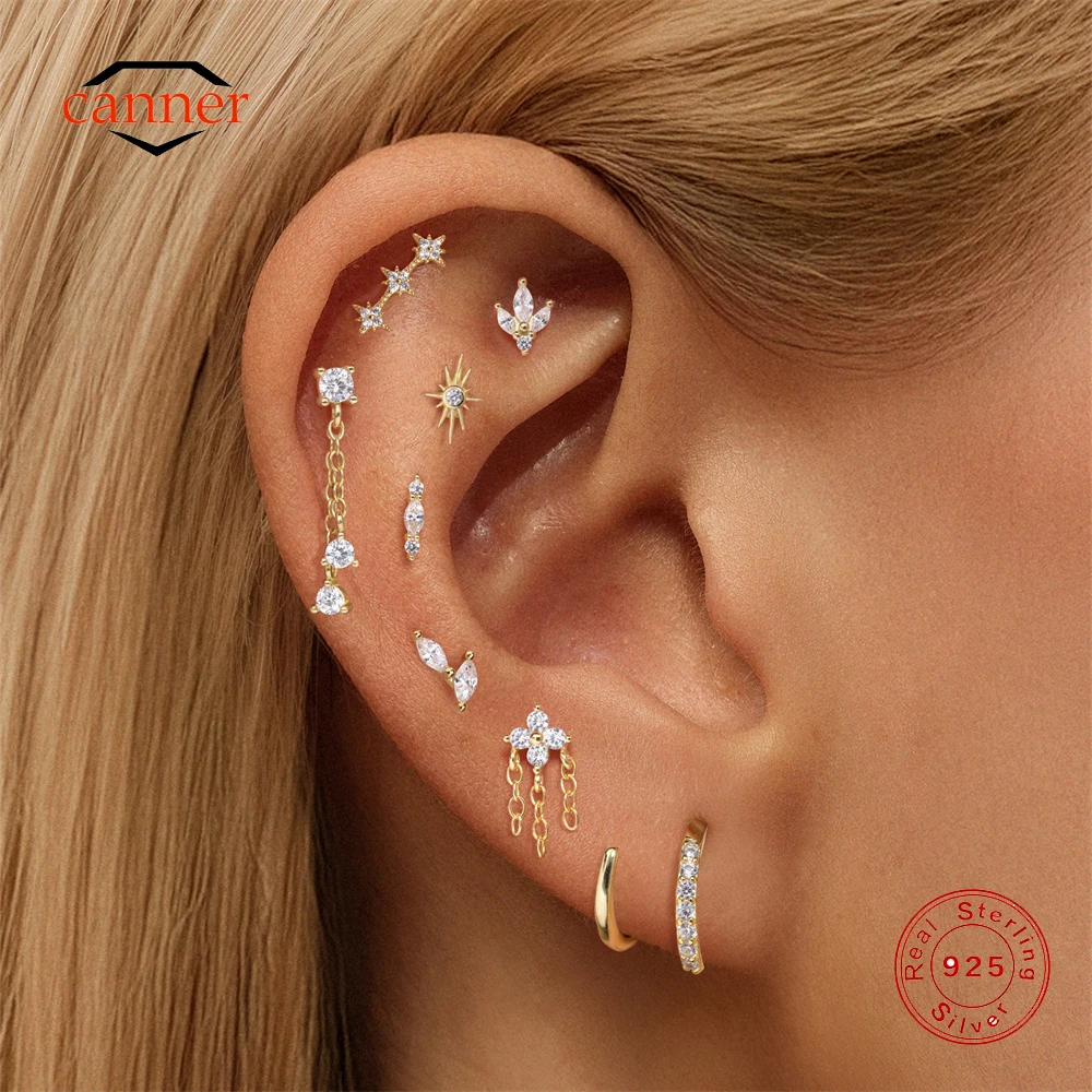 

CANNER 1PC 925 Sterling Silver Classic Star Petal Flat Head Piercing CartilageThread Ear Bone Earring For Women Ins Earring Gift