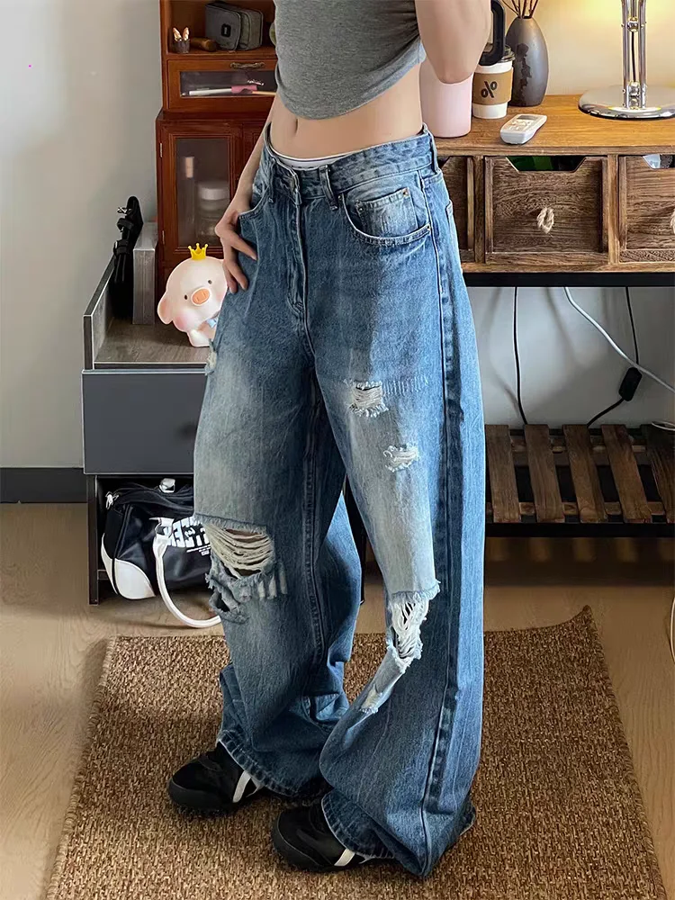 

Американские джинсовые брюки в стиле ретро с дырками, женские большие размеры, свободные брюки с высокой талией, узкие прямые брюки длиной до пола