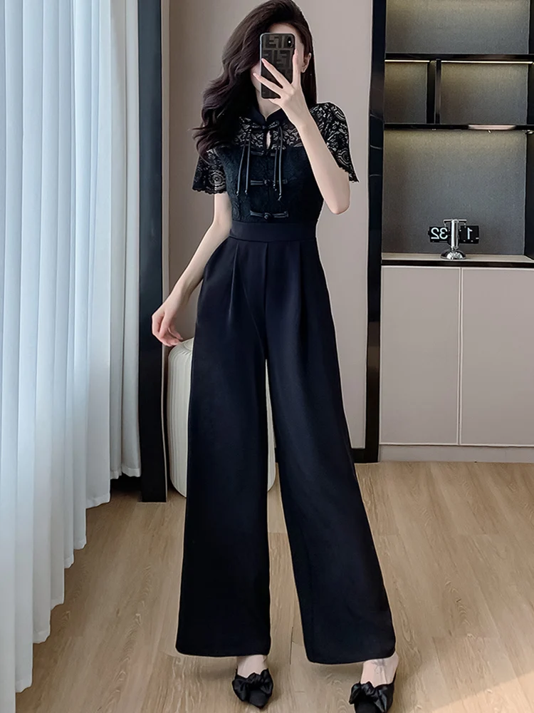 2024 New Summer Elegant Lace Splicing Short Sleeve Long Jumpsuits For Women Fashion Office OL High Waist Slim Wide Leg Rompers