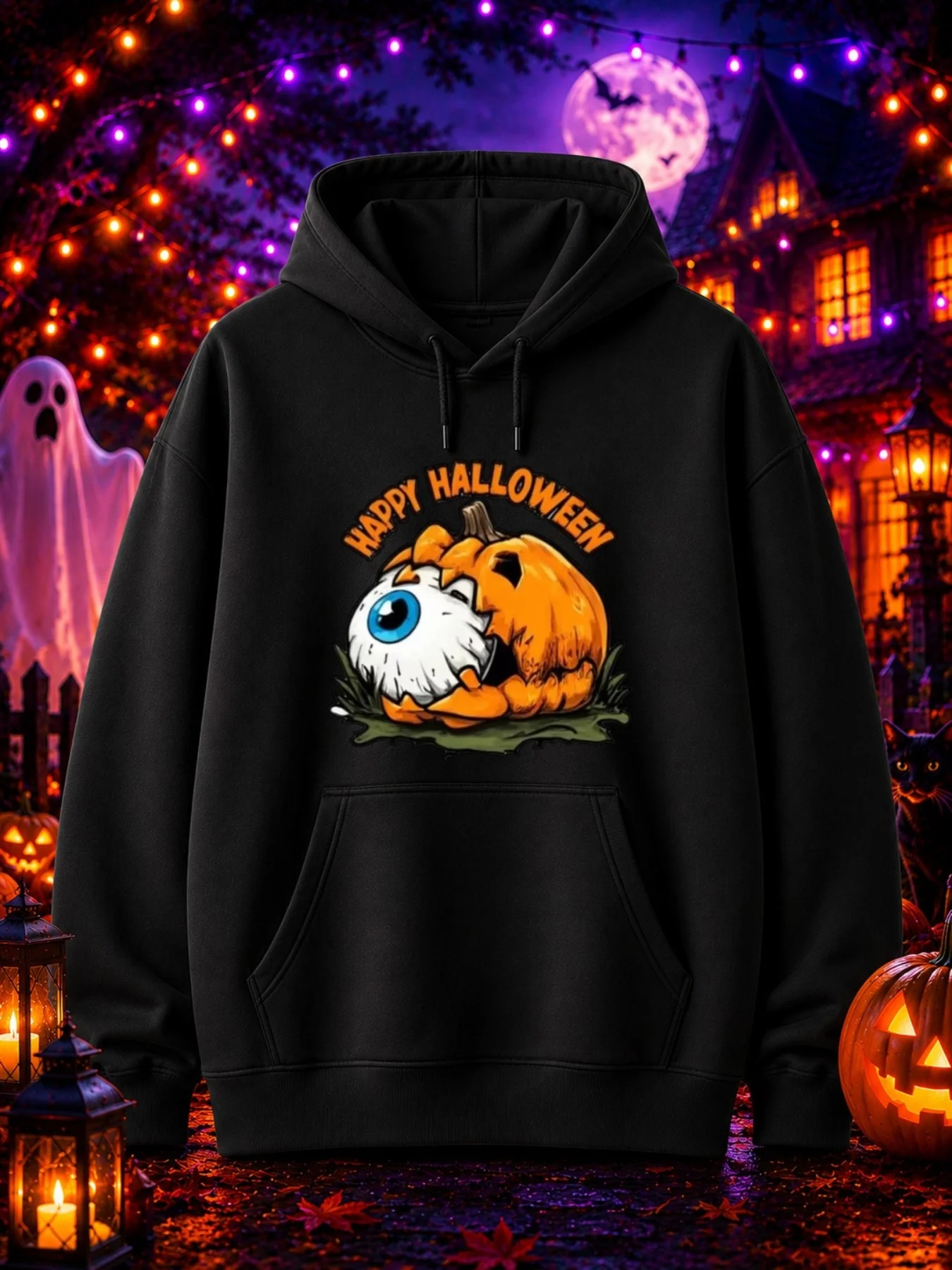 Halloween Men's Sweatshirt with Orange Carved Pumpkin Holding up a Large Blue Eyeball, with the Text 