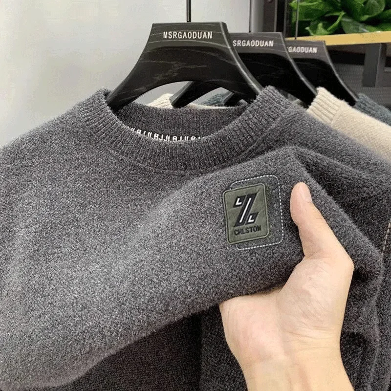 Herren-Pullover für Herbst und Winter, O-Ausschnitt, Strickmuster mit Schriftzügen, Plüschfleece-Futter, Warmer Wollpullover, Herren-Unterziehpullover, Jumper – Detail 13
