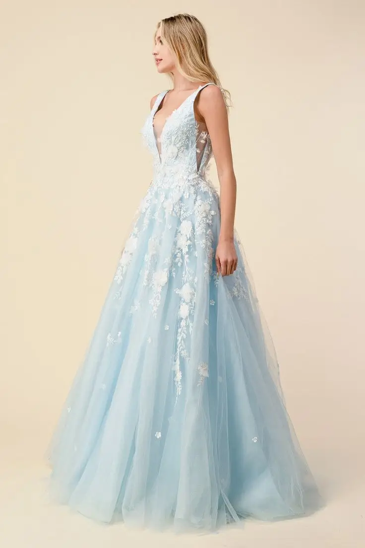 Robe de soirée en tulle bleu et rose avec paillettes, appliques en dentelle florale ivoire, col en V, longueur au sol, fermeture éclair, Rhde fin d'année