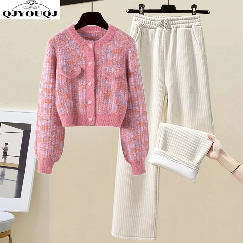 

Autumn and Winter Women's Set Small Fragrant Short cardigan sweater with plush wide leg pants two-piece fashion set