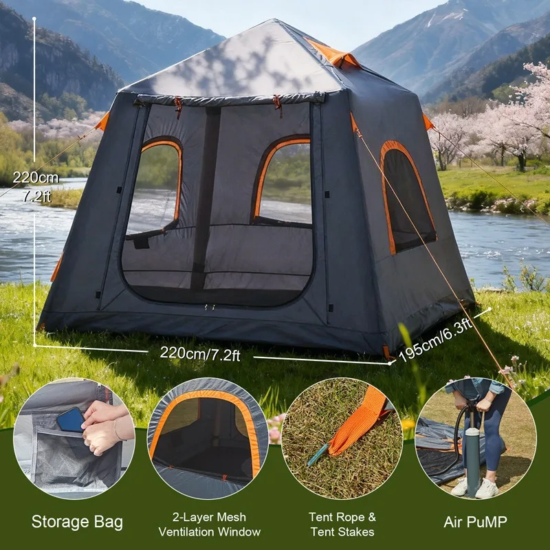 Inflatable Ridge Tent Easy Blow Hand Pump 4 Seasons Waterproof 210D Oxford Cloth No Setup Required Family Weekend Camping Tent