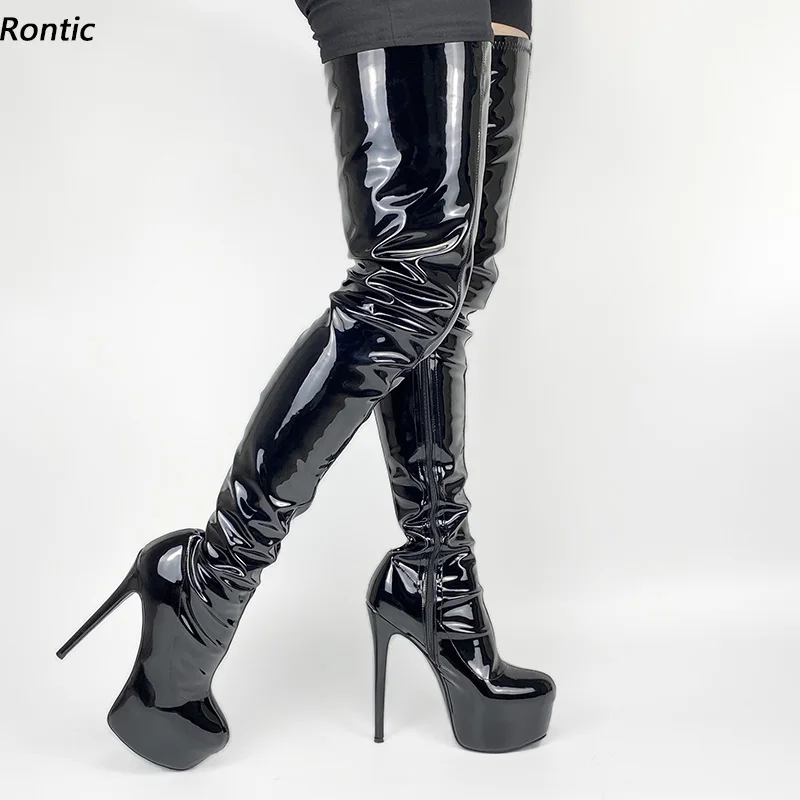 

Rontic Женские весенние сапоги до бедра ручной работы из лакированной кожи, пикантные туфли на шпильке с круглым носком, черные туфли для ночного клуба, размер США 5-20