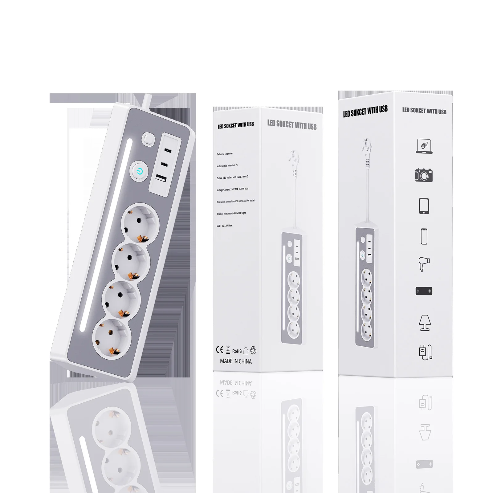 Stopkontak Lampu LED Eropa Baru 30W, Soket Samping Tempat Tidur 5 Lubang AC, Arus Terukur 10A, Multi-Plug Satu Putaran, Kompatibel WiFi