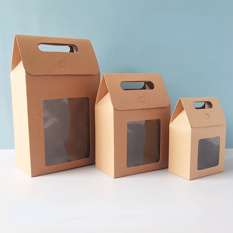 10/20pcs Kraft Paper Portable Gift Bags Wedding Candy Packing Bags with Clear PVC Window Seal Boxes Packing Bag for Business