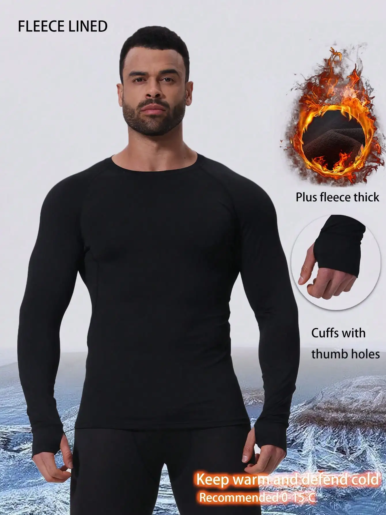 

Fleece-Lined Thermal Long Sleeve Base Layer with Thumb Holes for Cold Weather