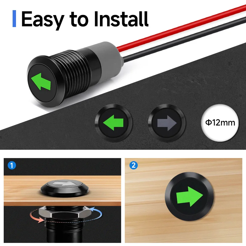 12mm Car LED Indicator Light 12V Green Arrow Turn Signal 24V Green LED Waterproof Metal Dashboard Pilot Lamp with 300mm Wire