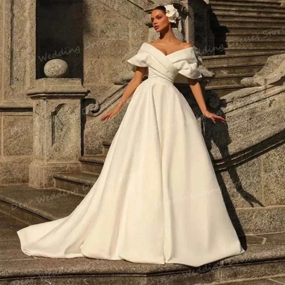 2024 abiti da sposa in raso A pieghe semplici abiti da sposa Sexy con spalle scoperte abiti da festa formali senza schienale da donna Vestidos De Novias