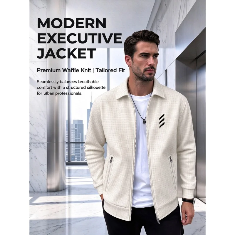 Men Waffle Lapel Jacket 2026 Spring Autumn Full Zipper Coat Three Stripes Print Business Casual Urban Lay