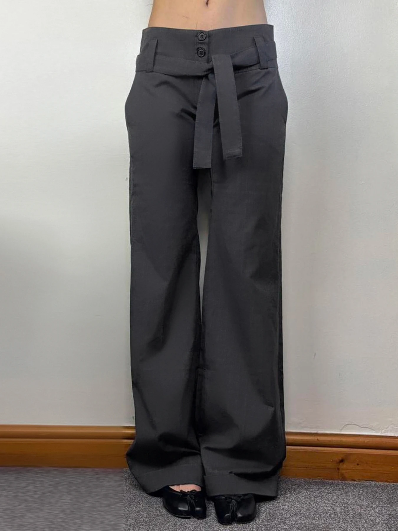 

Weekeep Women Casual Loose Suit-pants Streetwear Chic Button-up Low Rise Flared Trousers Korean Fashion Bandage Bow Basic Capris