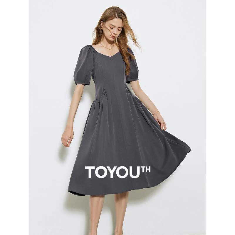 TOYOUTH Women Dress 2024 Summer New Square Neck Bubble Sleeves Unique Large Pocket Fluffy A-line Dress