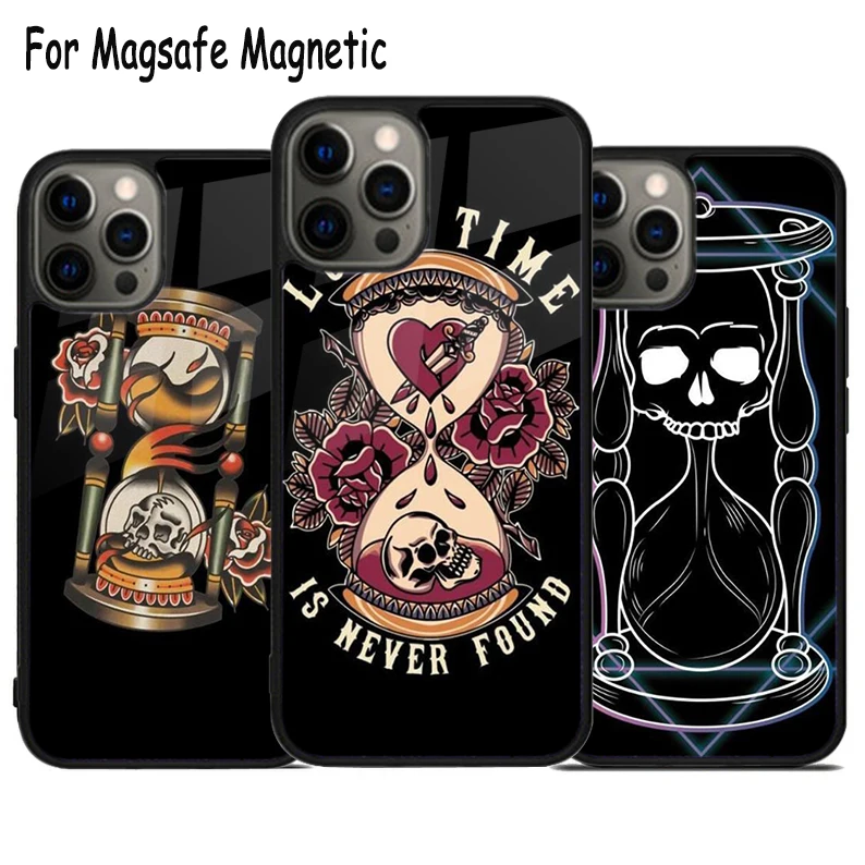 Tattoo Hourglass Skull Wireless Charge Magsafe Phone Case For iPhone 15 16 14 13 11 12 Pro Max Plus Magnetic Bumper Cover