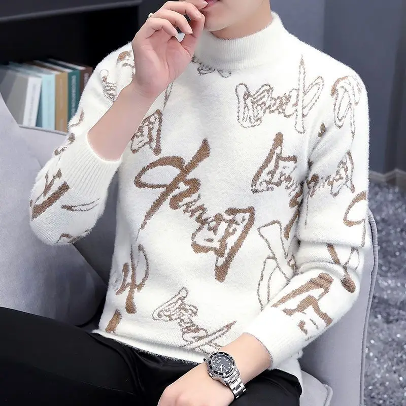 Fashion Printed Half High Collar Spliced All-match Sweaters Men's Clothing 2022 Autumn New Casual Pullovers Loose Korean Tops